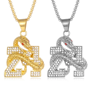 Hip Hop Titanium Steel Rhinestone Number 24 Snake Pendant Necklace Gold Steel Color Plated Animal Snake Wrap Jewelry Gift