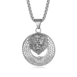Collier tête de lion hip hop avec cristaux étincelants et pendentif en acier argenté