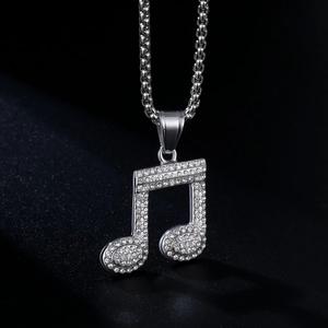 Sparkling silver stainless steel music note pendant necklace with inlaid rhinestones