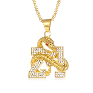 Gold-plated hip-hop snake pendant necklace with number 24 and sparkling crystals