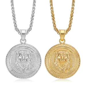 Collier Pendentif Médaillon Tête de Lion Hip Hop en Acier Inoxydable Plaque sous Vide Bijoux Relief Lion Rond Homme Femme