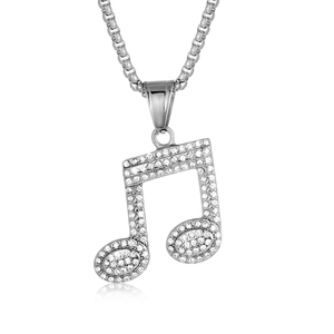 Silver music note pendant necklace with sparkling crystals and modern box chain