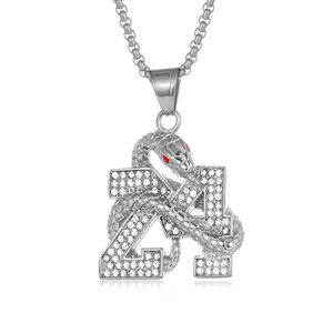 Hip hop silver 24 snake pendant necklace with shimmering crystals on polished chain