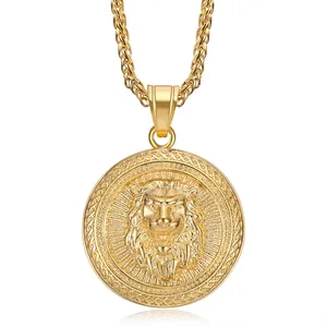 Collier en acier inoxydable doré avec pendentif lion en relief sur une chaîne torsadée
