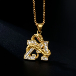 Hip hop gold-plated stainless steel necklace with 24 number and snake crystal pendant