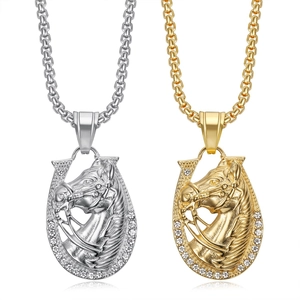 Hip Hop Edelstahl Pferdekopf Hufeisen Anhänger Halskette Gold Silber Galvanisiert Strass Eingelegt Boxkette Schmuck