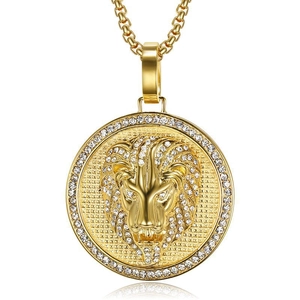 Hiphop Löwenkopf Medaillon Anhänger Halskette Titanstahl Vakuum Goldbeschichtet Iced Out Strass Streetwear Schmuck Für Herren