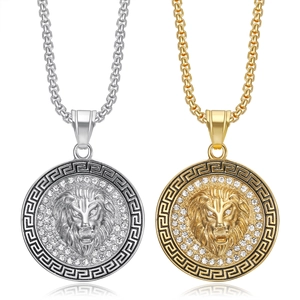 Collier Pendentif Tête de Lion Hip Hop en Acier Inoxydable Or Argent Plaqué Strass Motif Grec Bijoux Cadeau
