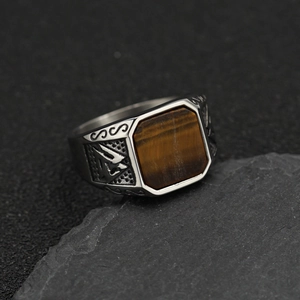 Vintage stainless steel signet ring for men with square tiger eye stone and Nordic carvings