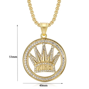 Detailed view of gold plated king crown pendant with iced out stones measuring 51mm by 40mm