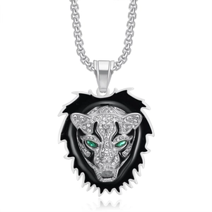 Pendentif tête de léopard hip-hop en argent avec strass et yeux en gemme verte
