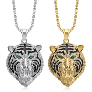 Hip Hop Stainless Steel Tiger Head Pendant Necklace For Men Pave Rhinestone Animal Tiger Medallion Jewelry Gold Silver Tone