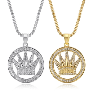 Hip Hop Titanium Steel Crown Round Pendant Necklace King Lettering Pave Rhinestone Gold Silver Fashion Jewelry For Men