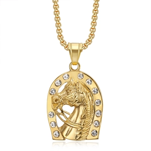 Collier hip hop plaqué or avec pendentif tête de cheval serti de cristaux blancs