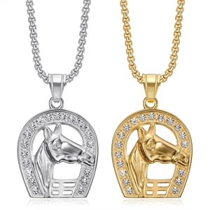 Hip Hop Stainless Steel Horse Head Horseshoe Pendant Necklace Rhinestone Inlaid Fashion Jewelry For Men Women Gold Silver Plated