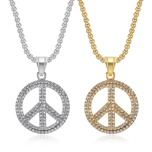 Collier Pendentif Signe De Paix Hip Hop En Acier Inoxydable Avec Strass Pavé Bijoux Plaqués Or Argent Homme Femme