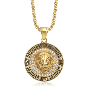 Collier avec pendentif tête de lion doré orné de strass et motifs grecs élégants