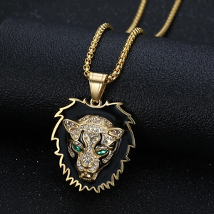Collier pendentif tête de léopard plaqué or hip-hop avec diamants et yeux verts