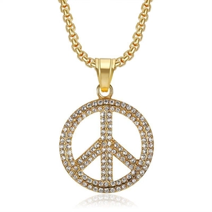 Collier pendentif signe de paix plaqué or hip hop avec zircons blancs et chaîne vénitienne