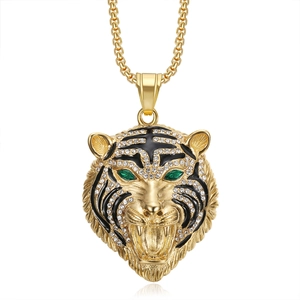 Gold-plated hip hop tiger head necklace with green crystal eyes and pave set zircons