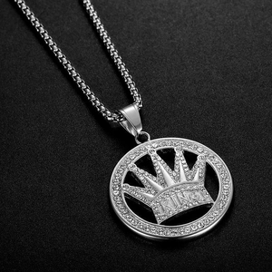 Silver crown round pendant necklace with KING engraving and sparkling micro-inlaid zircon