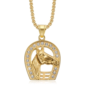 Gold plated hip hop necklace with iced out horseshoe and horse head pendant