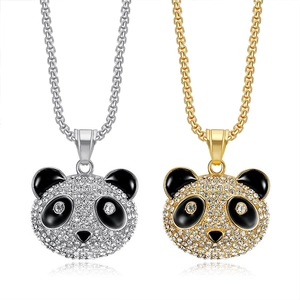 Collier Pendentif Panda en Acier Inoxydable Hip Hop pour Hommes Femmes Pendentif Animal en Émail Strass Plaqué Or