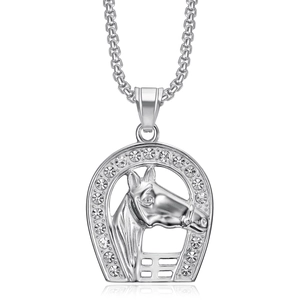 Hip hop silver horse head necklace with horseshoe pendant and shiny zircon stones