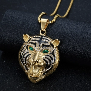 Hip hop tiger head pendant necklace with sparkling crystals and green gem eyes on gold chain