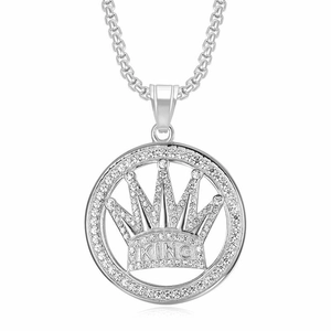Iced out silver king crown medallion pendant necklace with round link chain and crystals