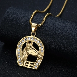 Hiphop gold plated titanium steel horse head pendant necklace with sparkling crystals
