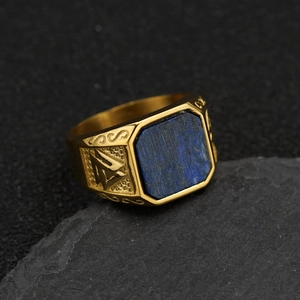 Vintage Viking gold steel ring with blue natural stone and Valknut rune engravings