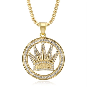 Gold plated hip hop necklace with iced out KING crown medallion pendant and box chain