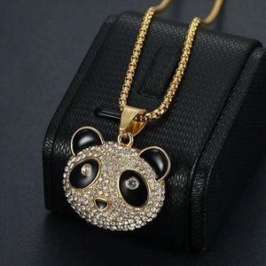 Collier avec pendentif panda plaqué or serti de strass brillants style hip hop