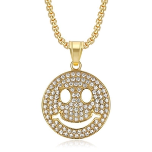 Hip-Hop Smiley-Anhänger-Halskette mit Goldbeschichtung und funkelnden Strasssteinen
