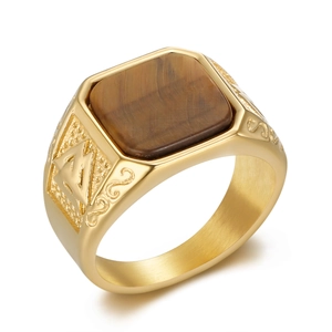 Vintage gold viking signet ring for men featuring a square tiger eye stone inlay