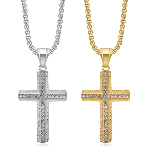 Collier Pendentif Croix en Acier Titane Hip Hop pour Hommes Femmes Plaqué Or Argent Strass Bijoux Religieux Chaîne de Boîte