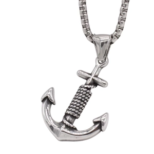 Men's retro anchor pendant necklace in silver stainless steel with box chain