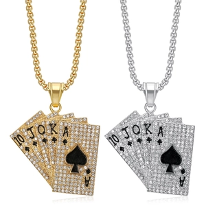 Hip Hop Spades Royal Flush Poker Card Pendant Necklace Stainless Steel Gold Silver Plated Iced Out Rhinestone Jewelry Gift