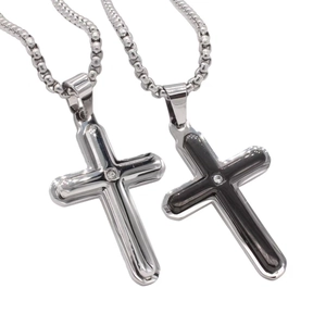 Colliers pendentifs croix minimalistes en acier inoxydable avec zircons argent et noir