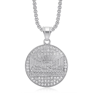 Collier médaillon La Cène hip-hop en acier inoxydable avec cristaux brillants sertis