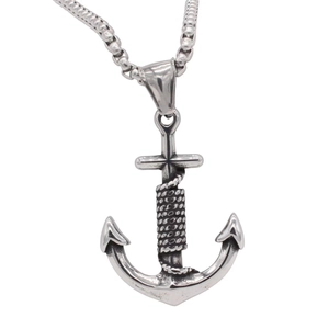 Vintage silver anchor pendant necklace with rope detail and durable steel box chain