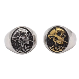 Punk vintage smoking skull stainless steel rings in silver and gold duo-tone finish