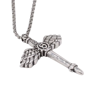 Vintage stainless steel cross wing pendant necklace with silver finish for men