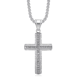 Collier pendentif croix hip hop argenté avec strass ronds et chaîne maille jante