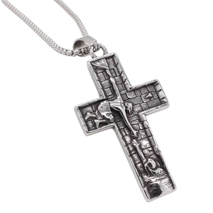 Vintage stainless steel cross necklace with embossed skeleton design and brick texture