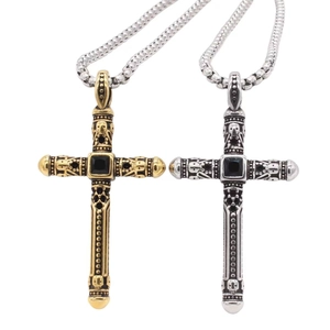 Pendentif Croix Gothique Rétro Seul Sans Chaîne Pour Homme Acier Inoxydable Crâne Sculpté Pierre Noire Punk Bijoux