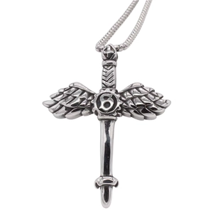 Retro stainless steel necklace featuring a gothic sword and detailed wing pendant for men