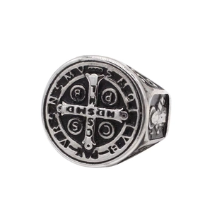 Retro Saint Benedict medal ring in oxidized titanium steel with detailed cross engraving