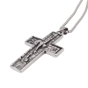 Retro stainless steel cross pendant necklace for men with embossed relief on white background